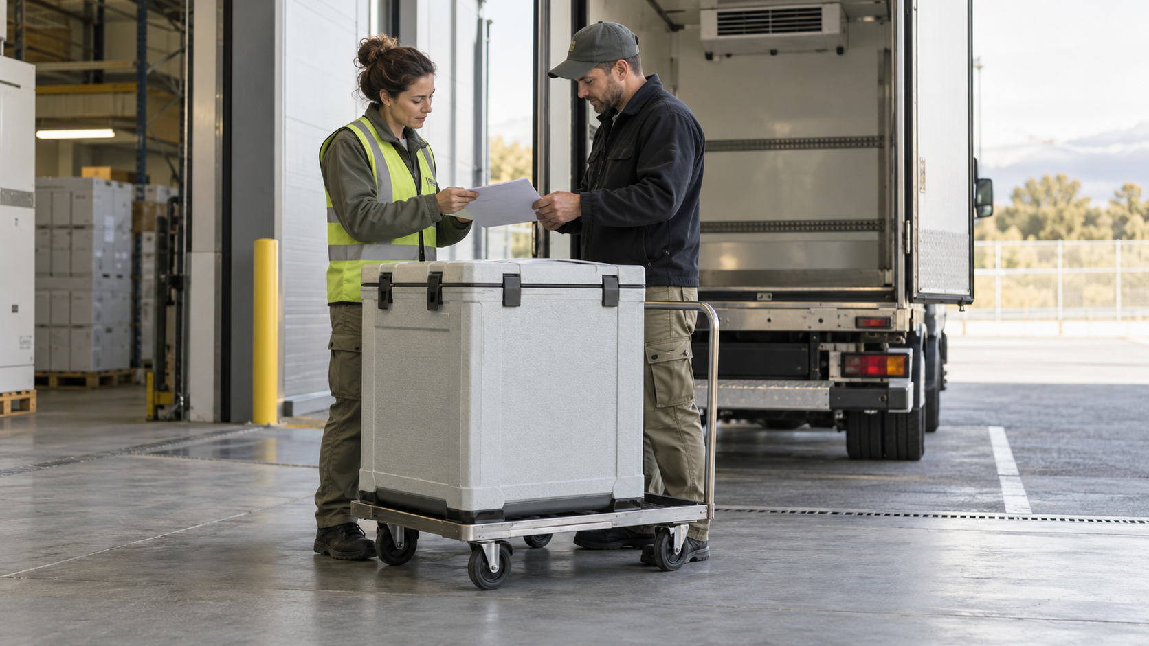 A delivery handoff between a driver and a warehouse team