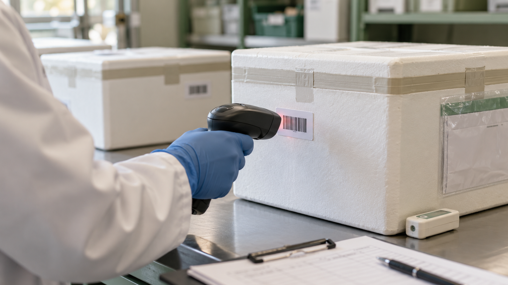 A logistics label being scanned on an insulated shipping box